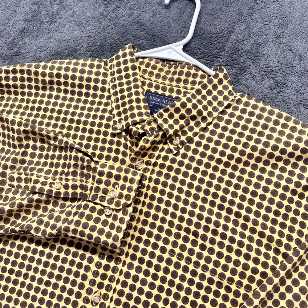 Duck Head Mens XL Button Down Shirt Yellow Brown Geometric Dot Cotton LS AOP